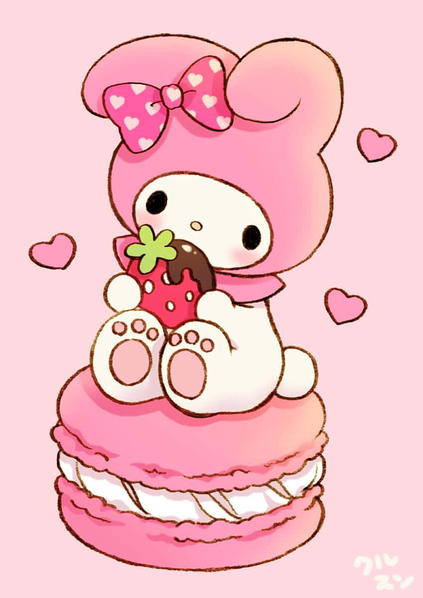 Cute My Melody Eating Strawberry On Macaron