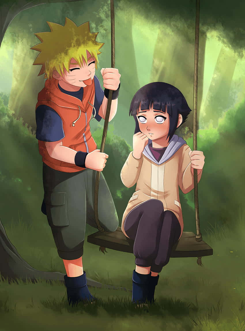Cute Naruto And Hinata Swinging In The Forest Background