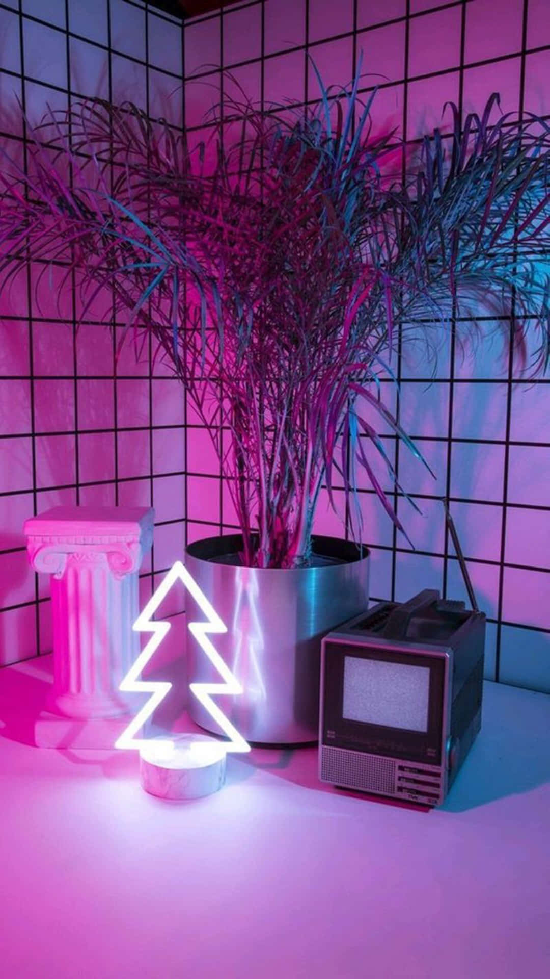 Cute Neon Pink Christmas Tree Lamp Background