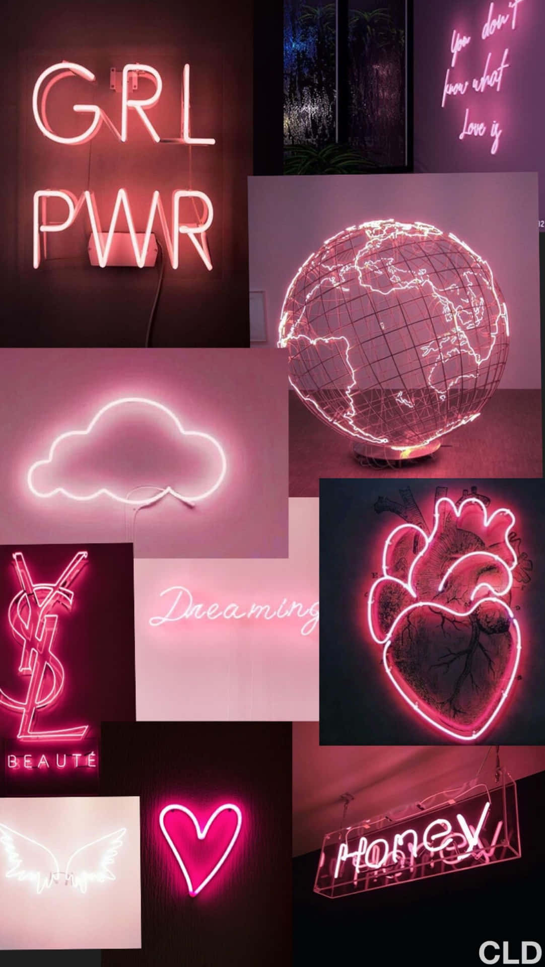 Cute Neon Pink Clouds Globe And Heart Background