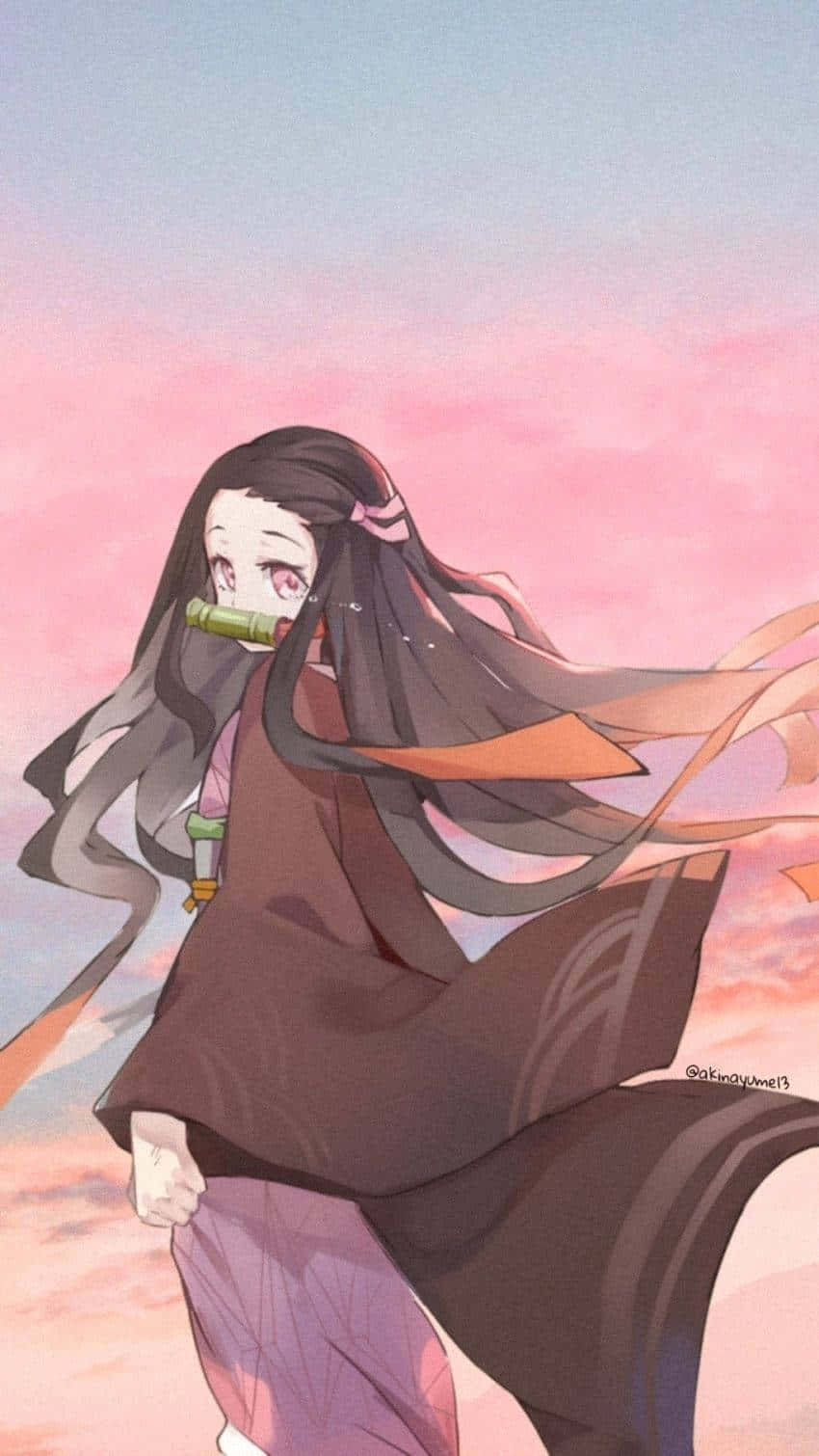 Cute Nezuko Demon Slayer With Sunset Sky