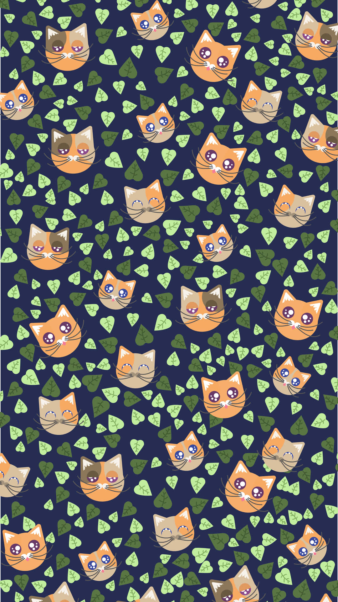 Cute Orange Cat Faces And Leaves Pattern Background