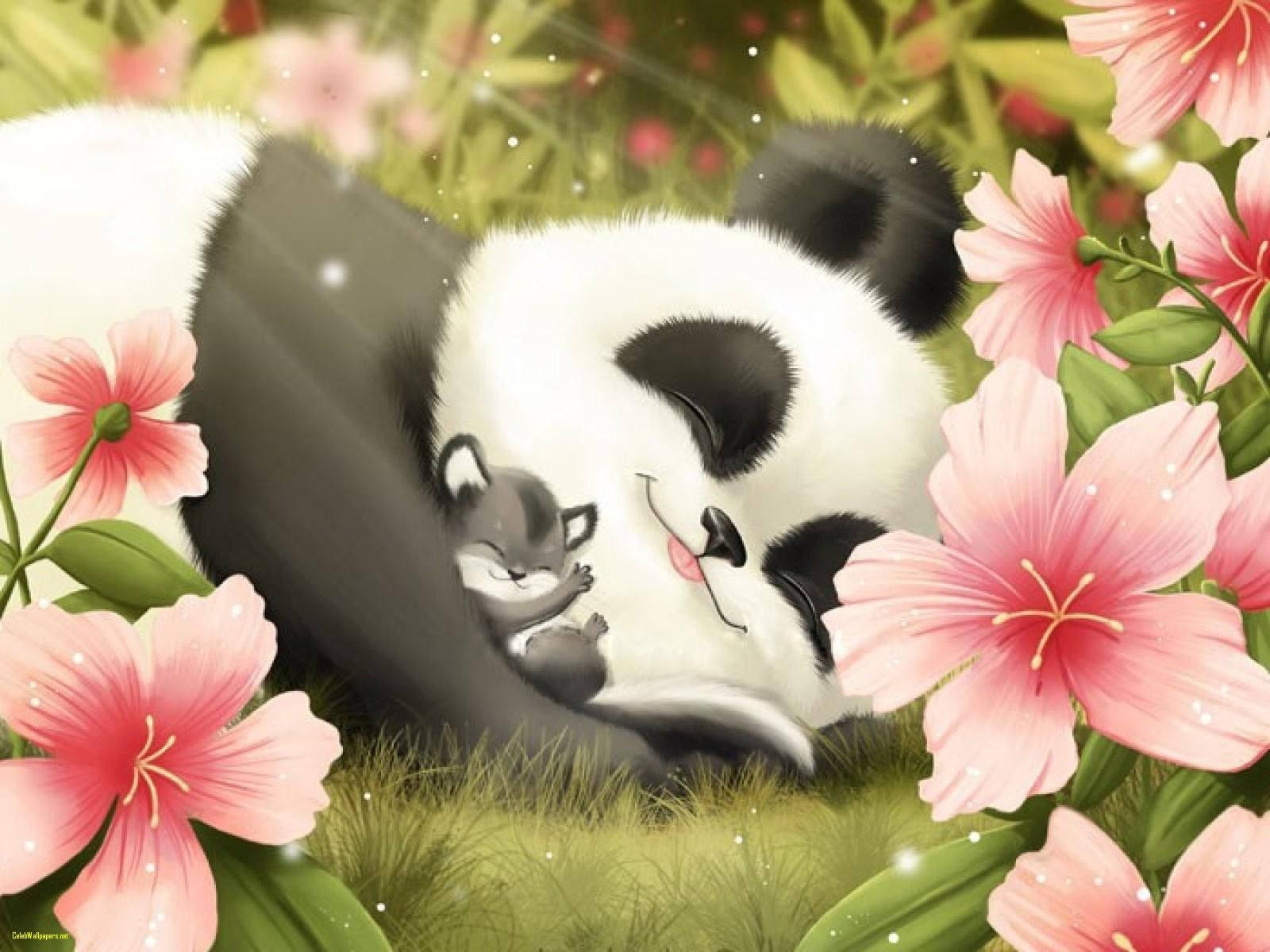 Cute Panda On A Garden Background