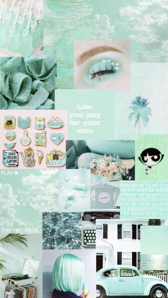 Cute Pastel Green Aesthetic Collage Background