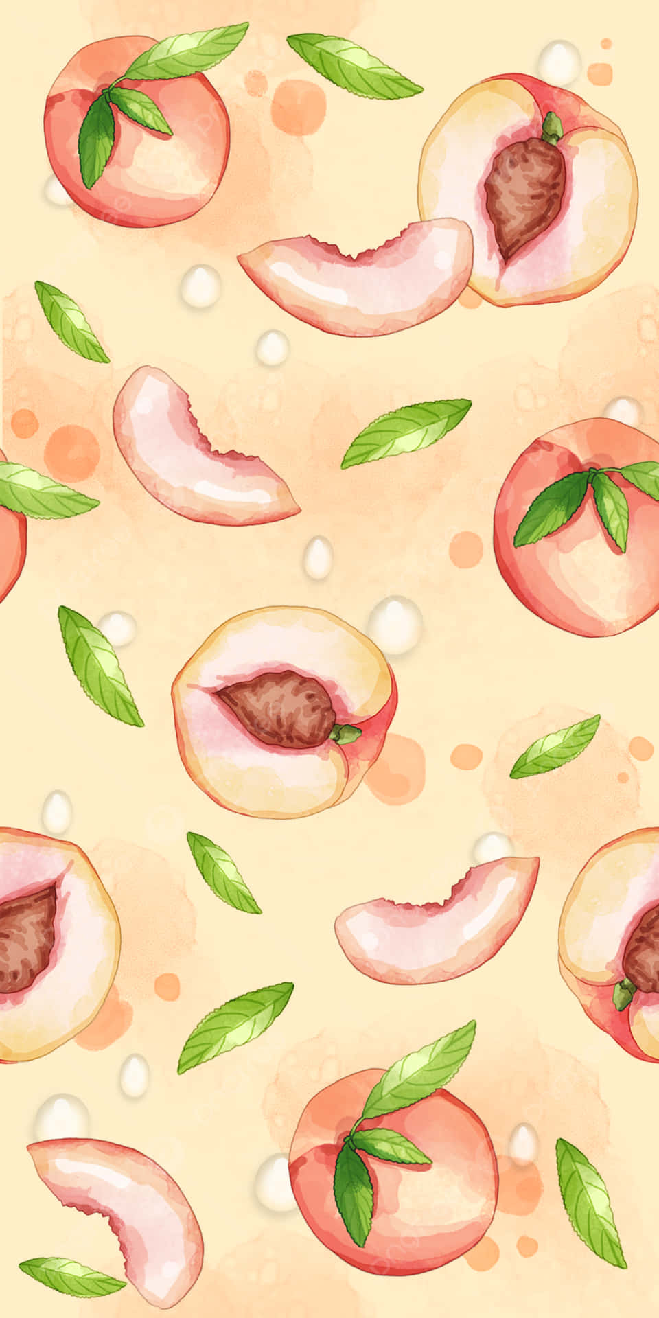 Cute Peach Slices And Leaves Pattern Background