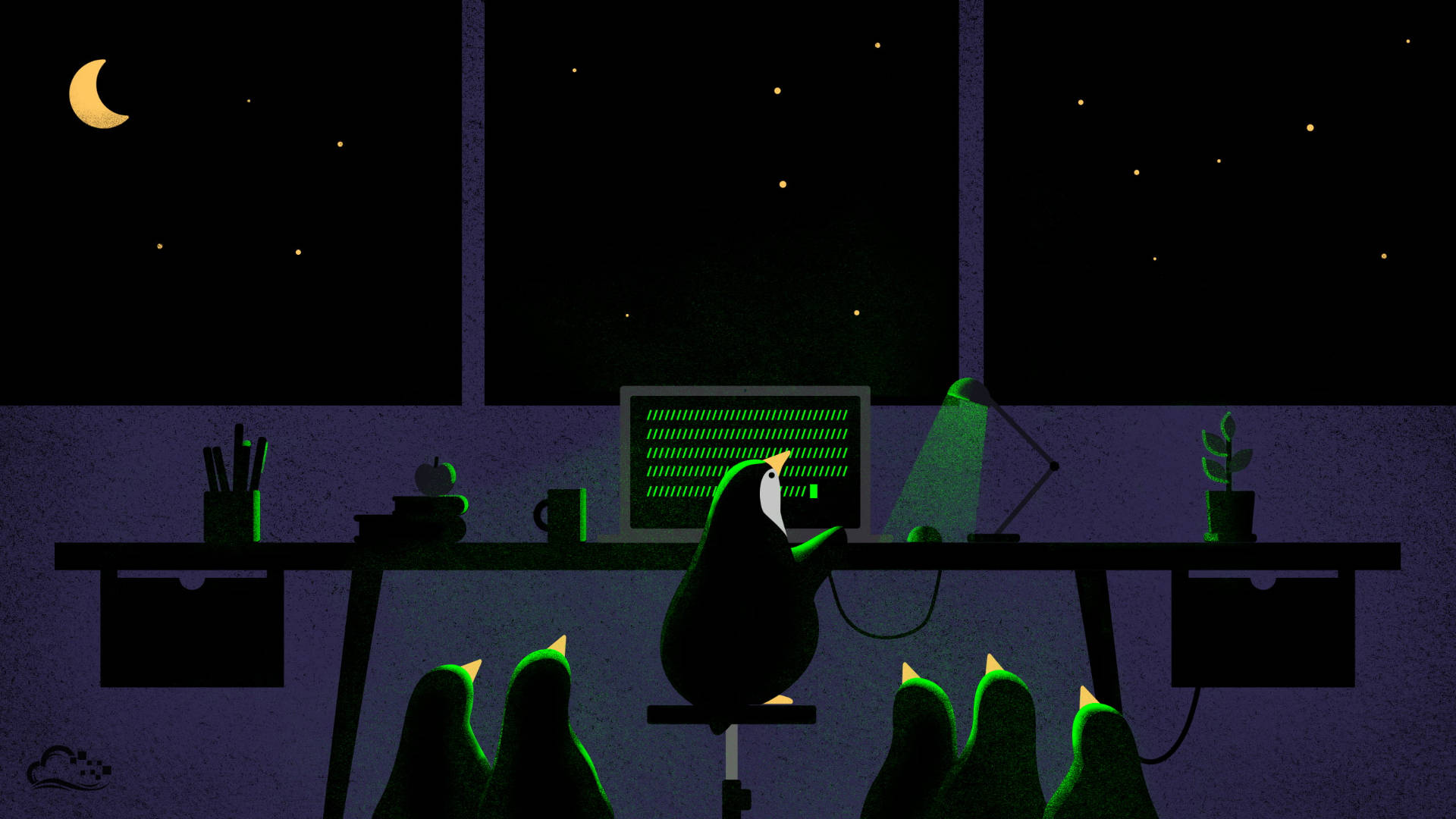 Cute Penguins At Desk Background