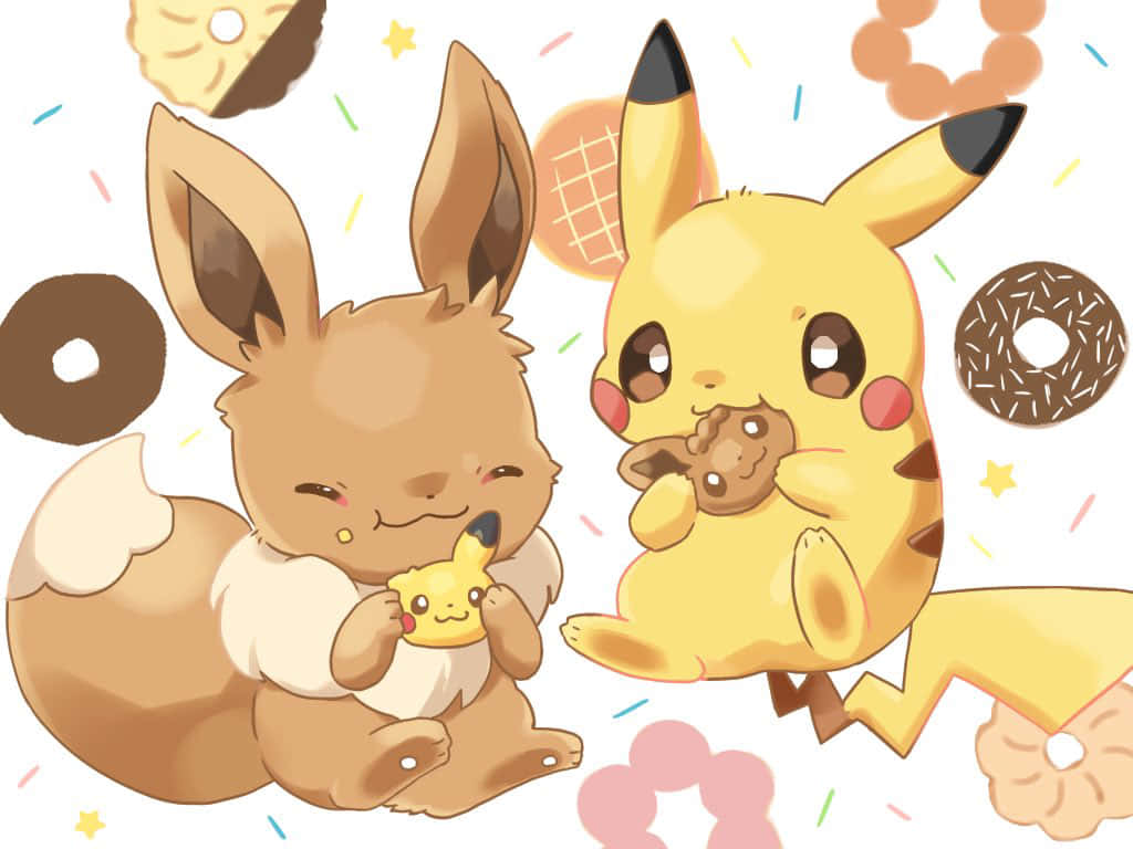 Cute Pikachu And Eevee Cuddling Background