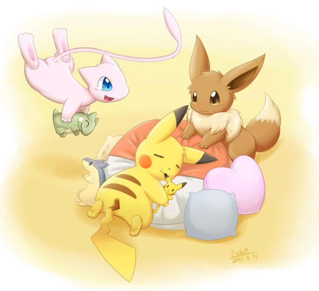 Cute Pikachu And Eevee Greeting Each Other. Background