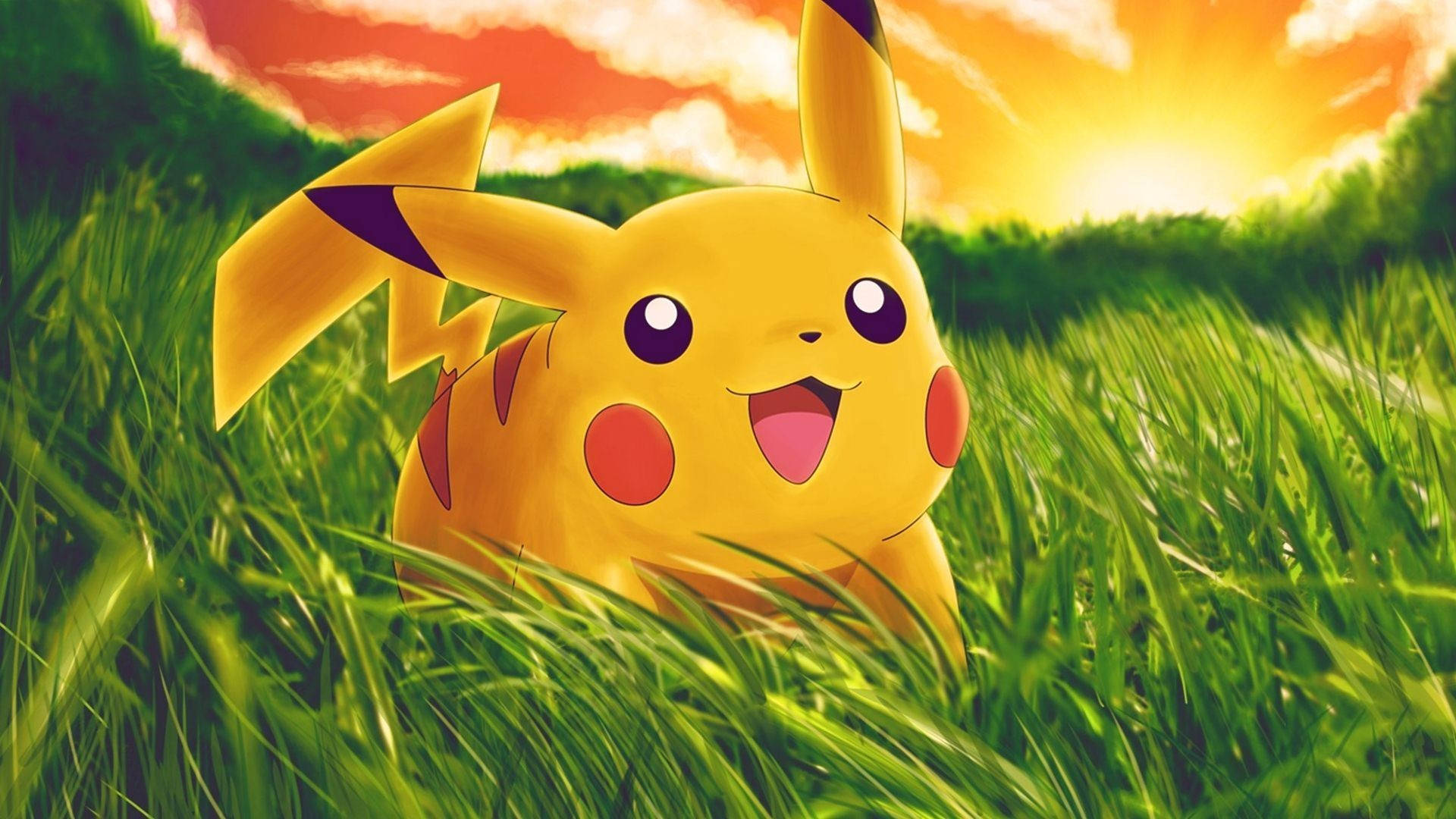 Cute Pikachu On Grass Background
