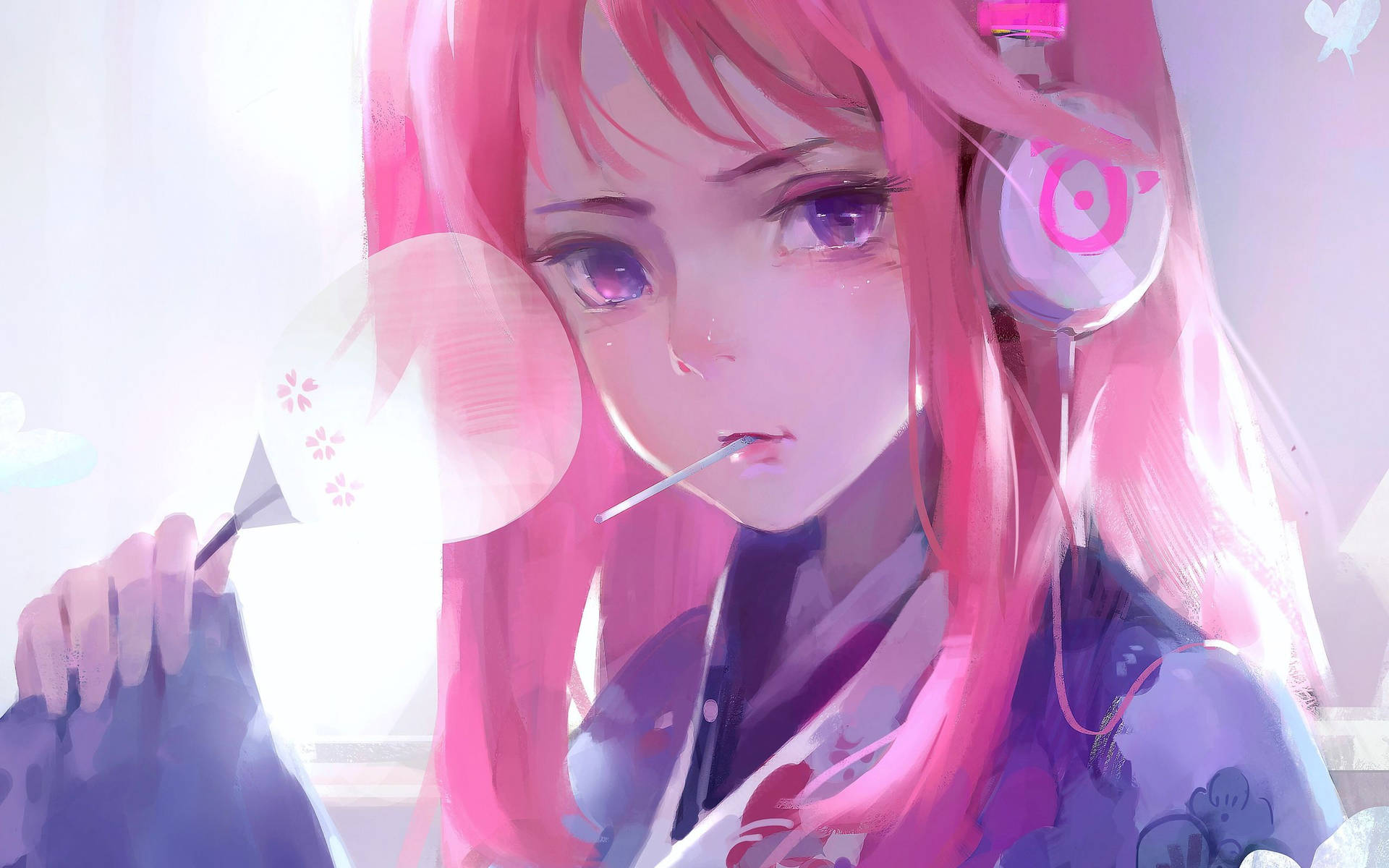 Cute Pink Anime Girl Headphones Background