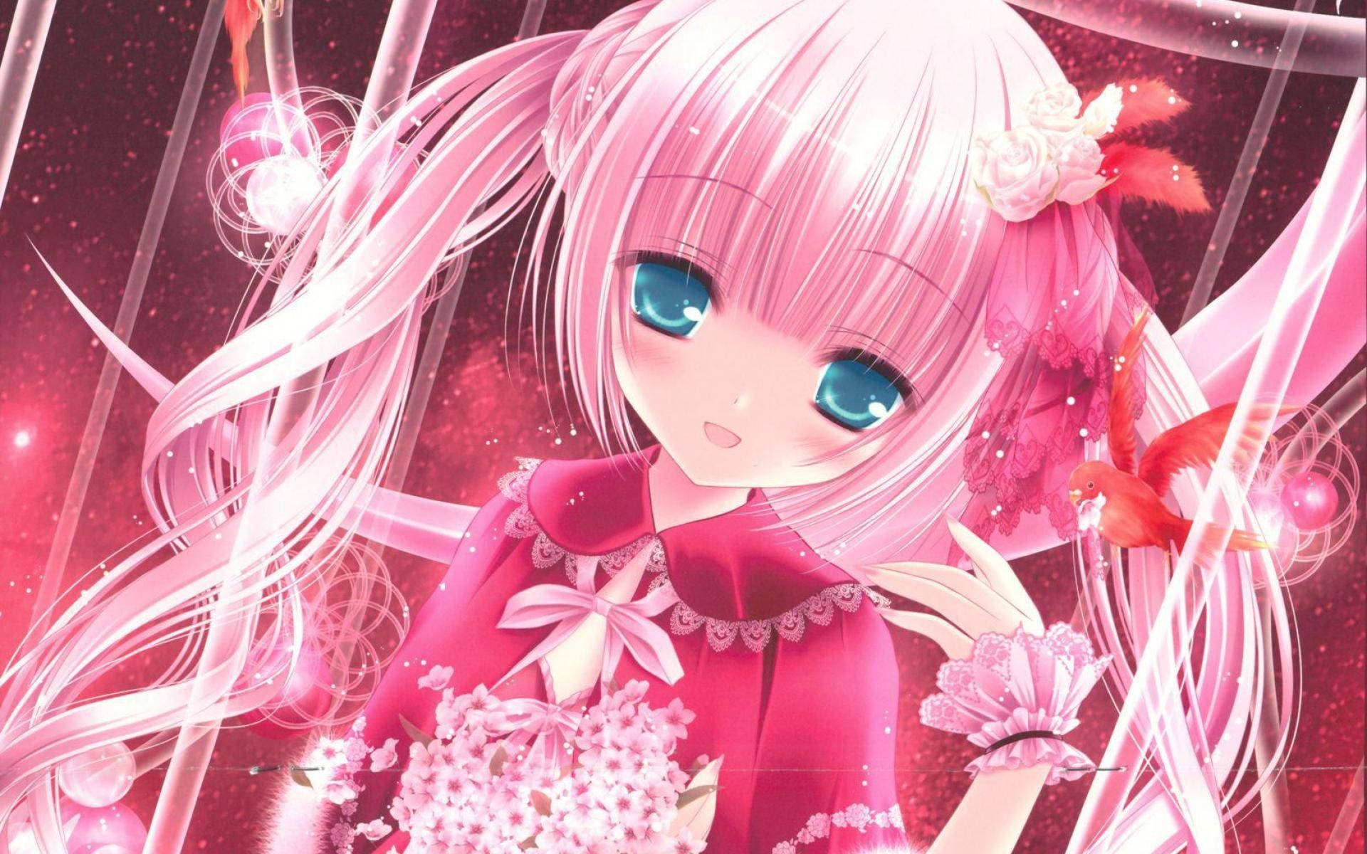 Cute Pink Anime Girl Smile Background
