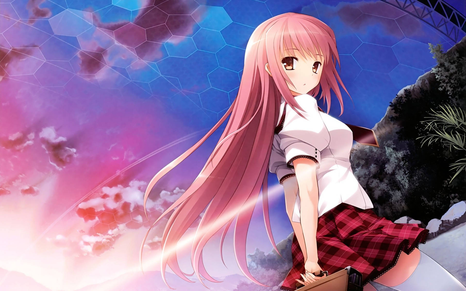 Cute Pink Anime School Girl Gaze Background