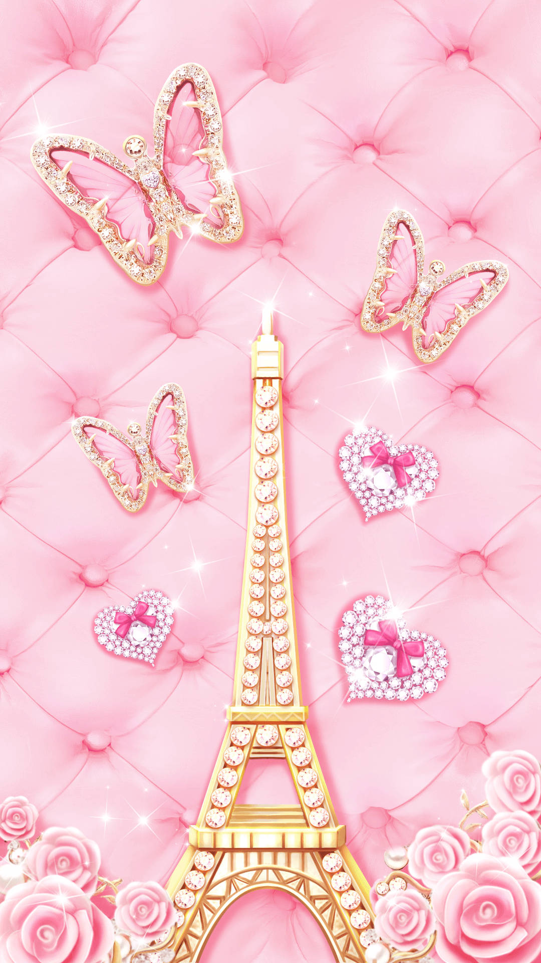 Cute Pink Butterfly And Eiffel Tower Background