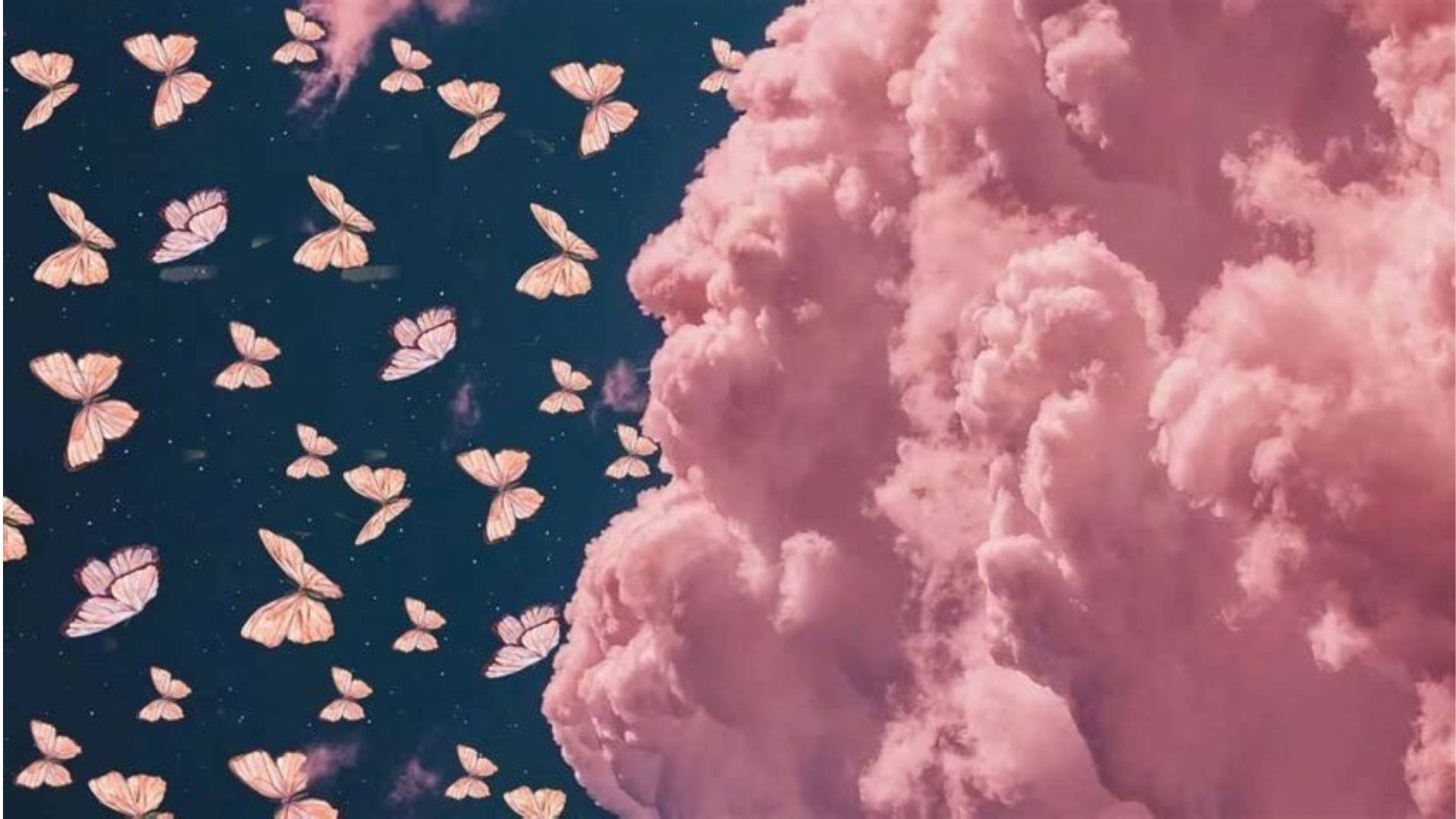 Cute Pink Butterfly And Fluffy Clouds Background