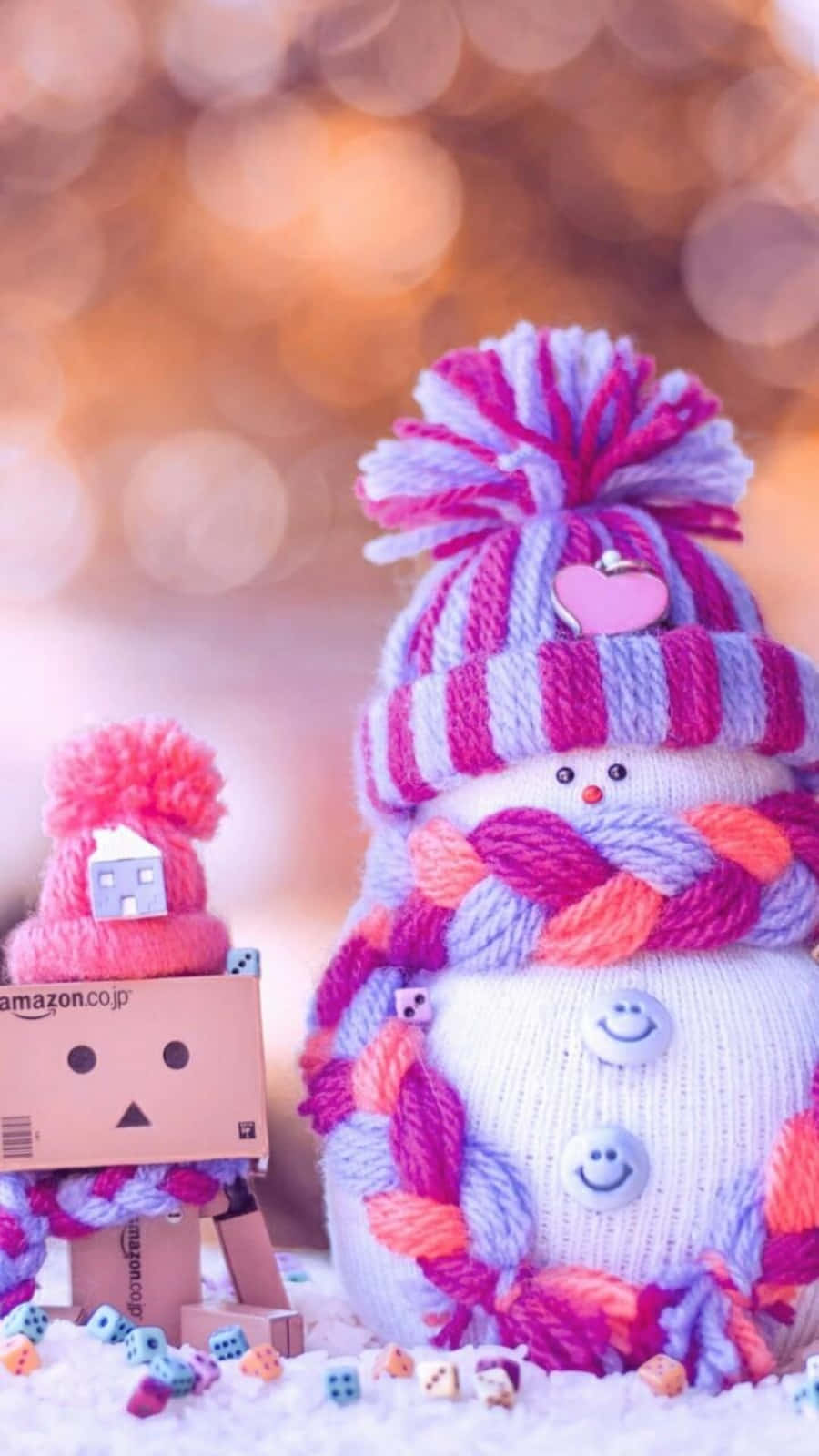 Cute Pink Christmas Snowman Yarn And Robot Box Background