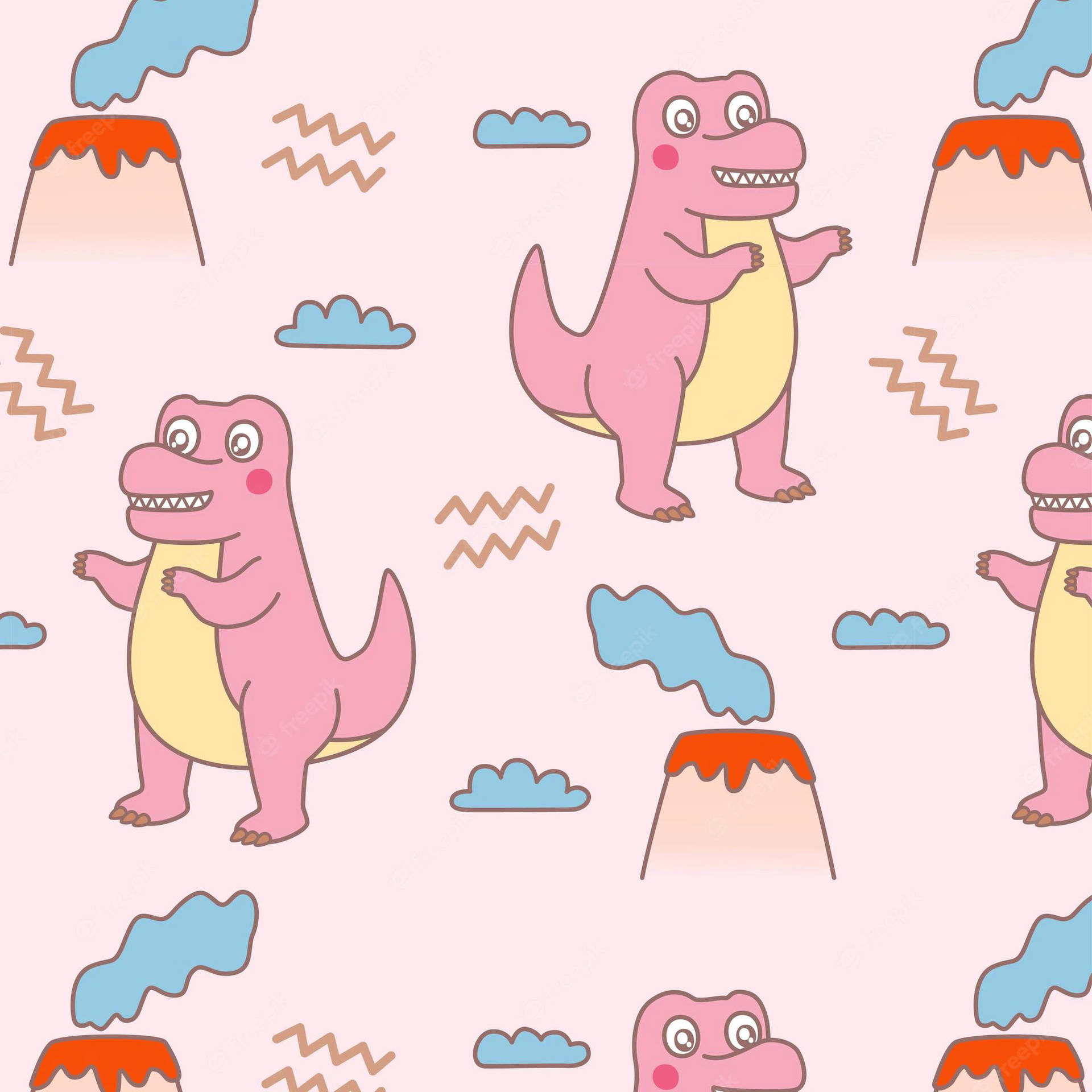 Cute Pink Dinosaur And Volcanoes Pattern Background