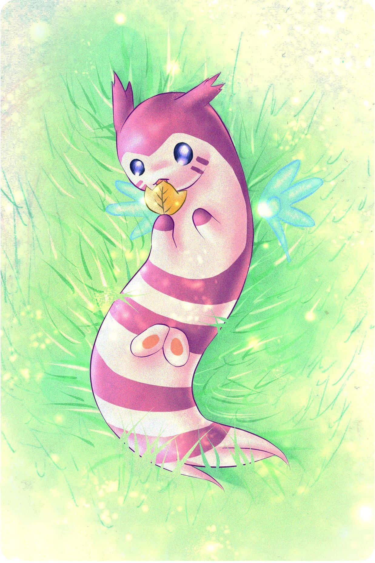 Cute Pink Furret Eating Berries In The Grass Background
