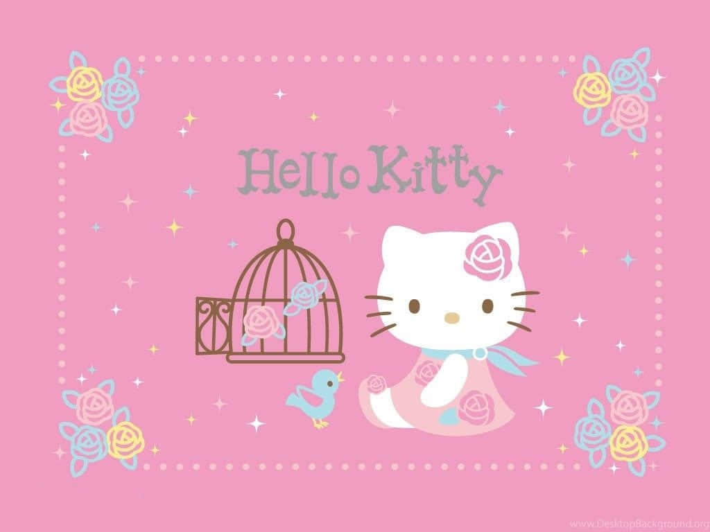 Cute Pink Hello Kitty Birds Cage Background