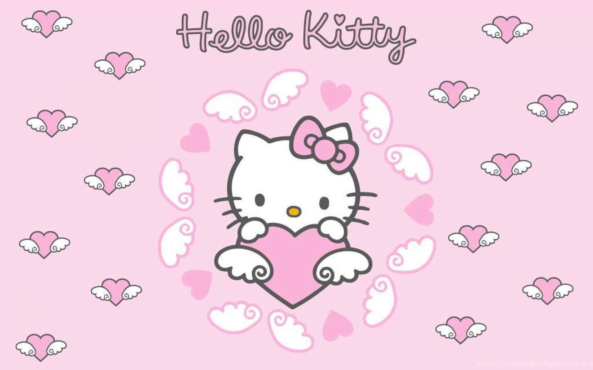 Cute Pink Hello Kitty Heart Wings Background