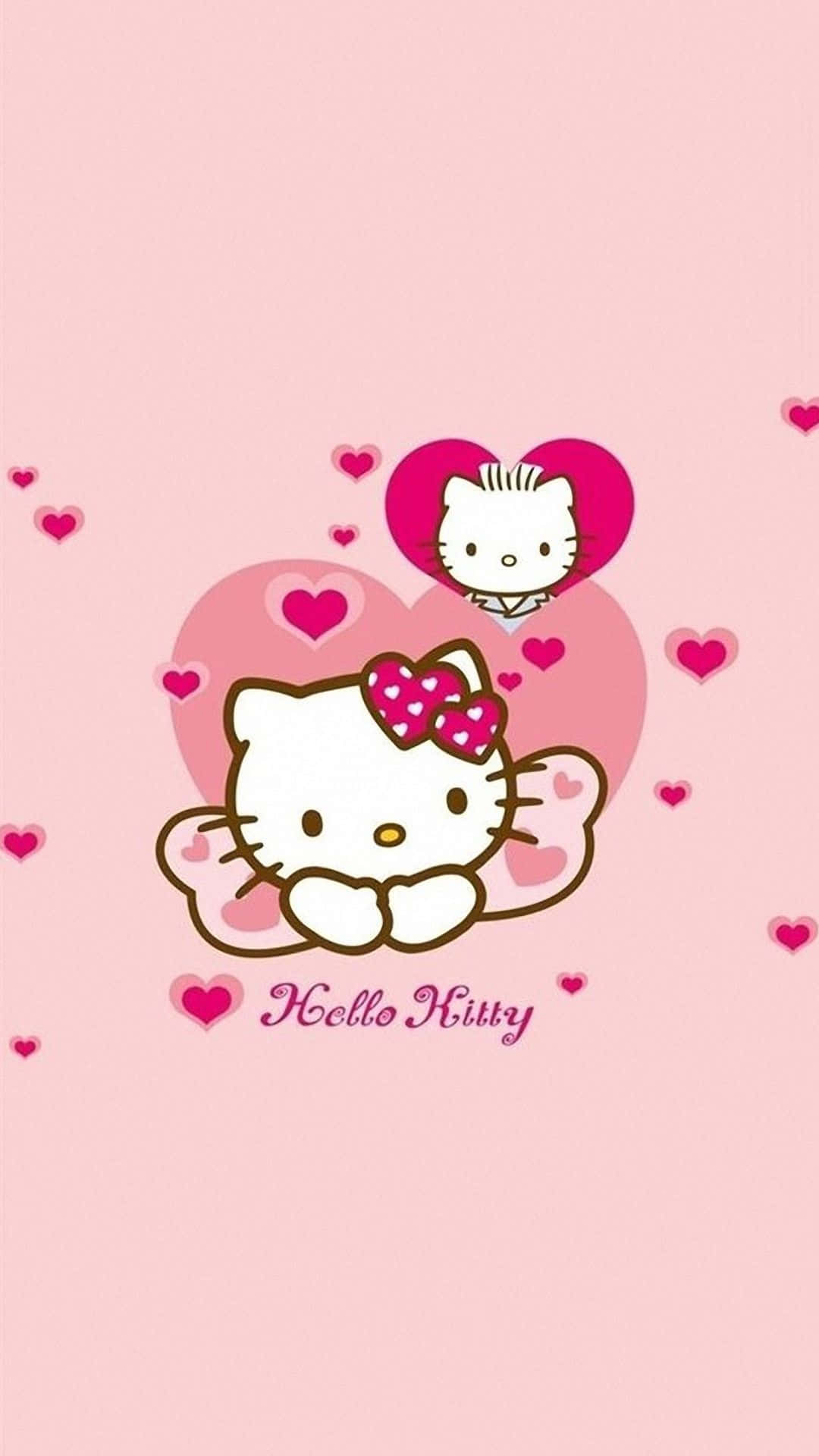 Cute Pink Hello Kitty Leaning On Ribbon Background