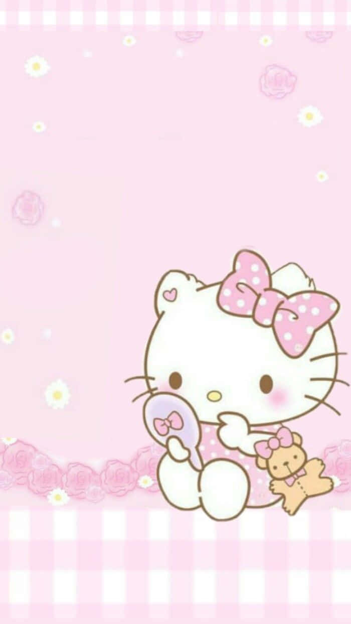 Cute Pink Hello Kitty Mirror And Bear Background