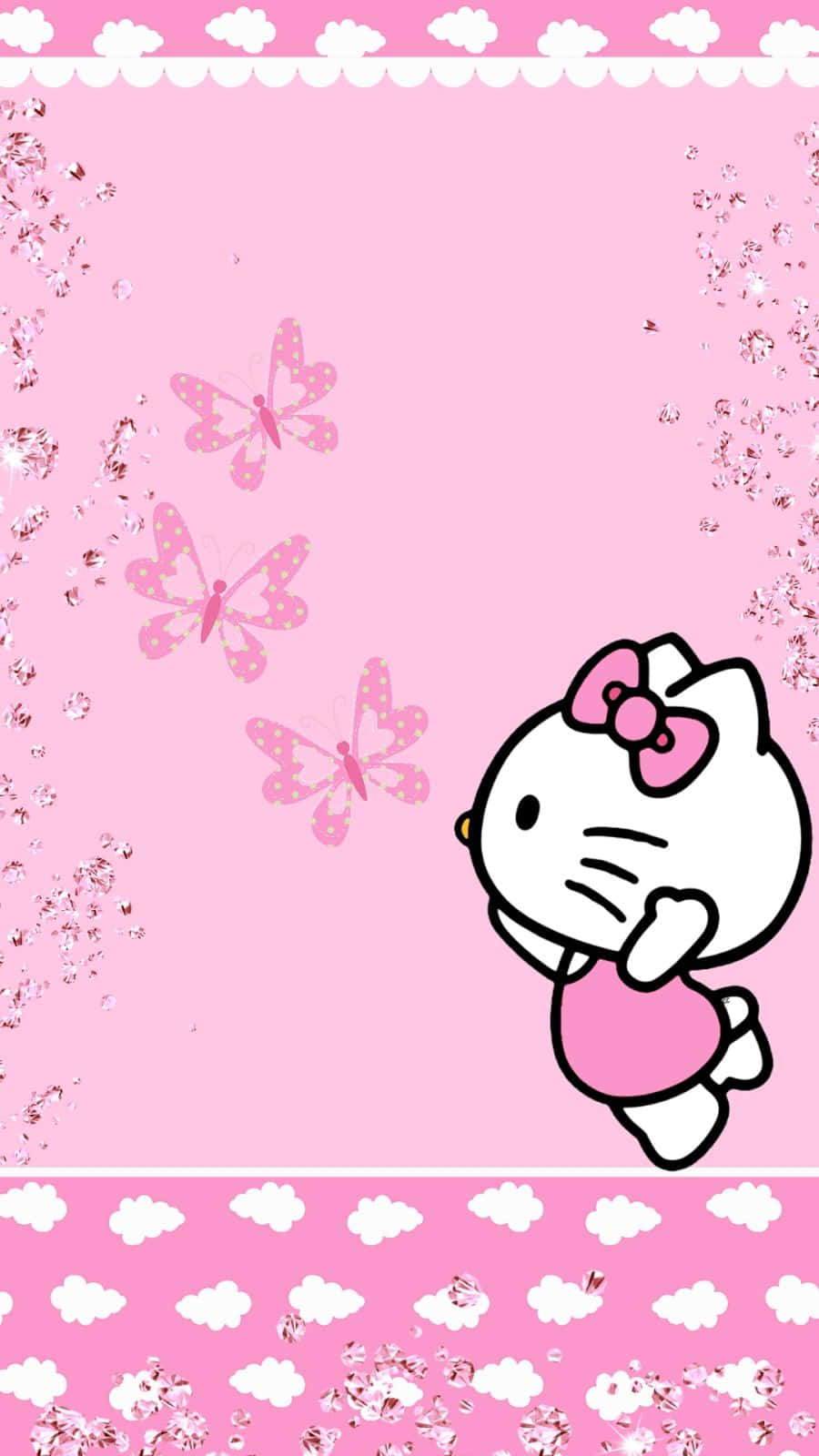 Cute Pink Hello Kitty Three Butterflies Background