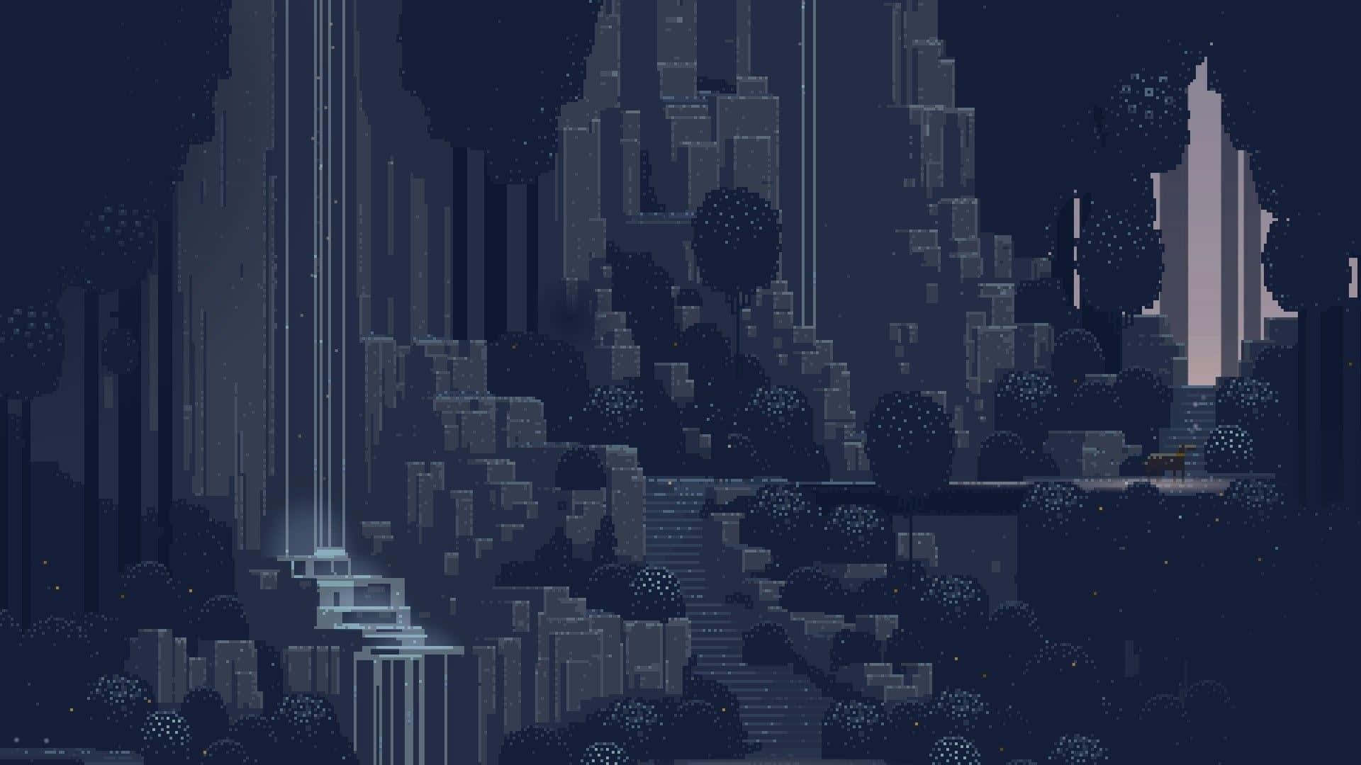 Cute Pixel Desktop Buildings At Night