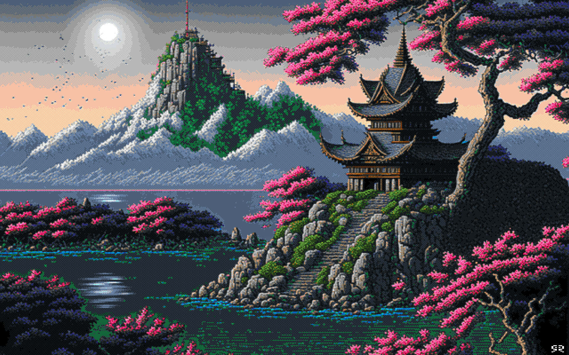 Cute Pixel Desktop Temple Background