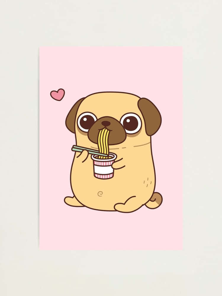 Cute Pug Eating A Cup Of Noodles Background