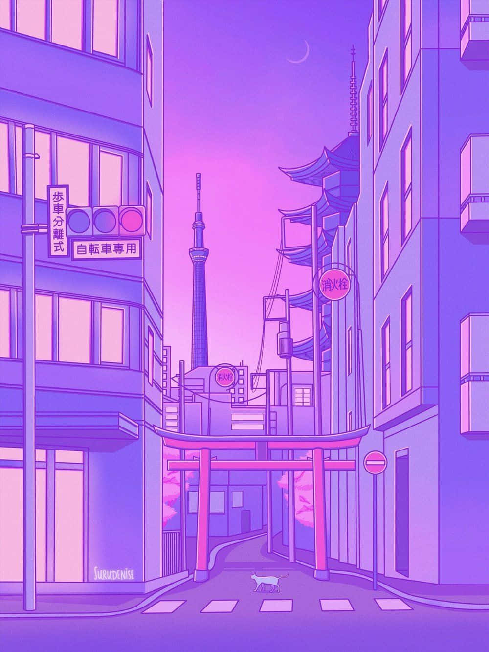 Cute Purple Aesthetic City With Torii Gate Background