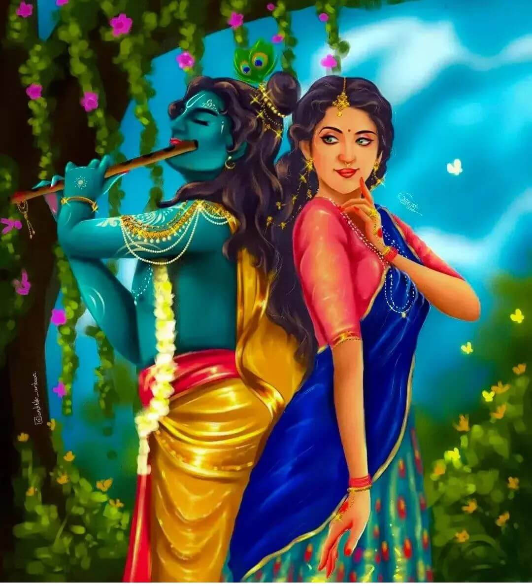 Cute Radha Krishna Blue Sky