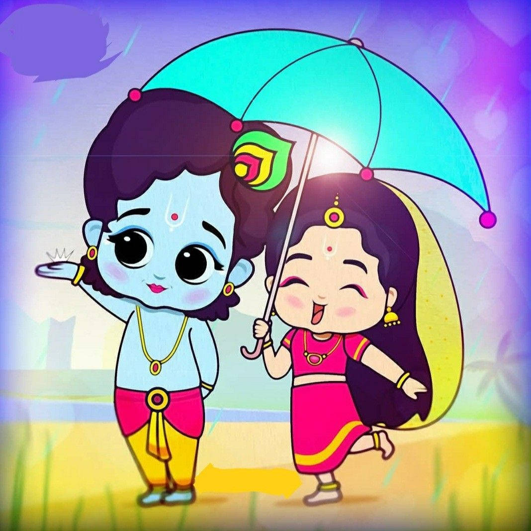 Cute Radha Krishna Blue Umbrella Background