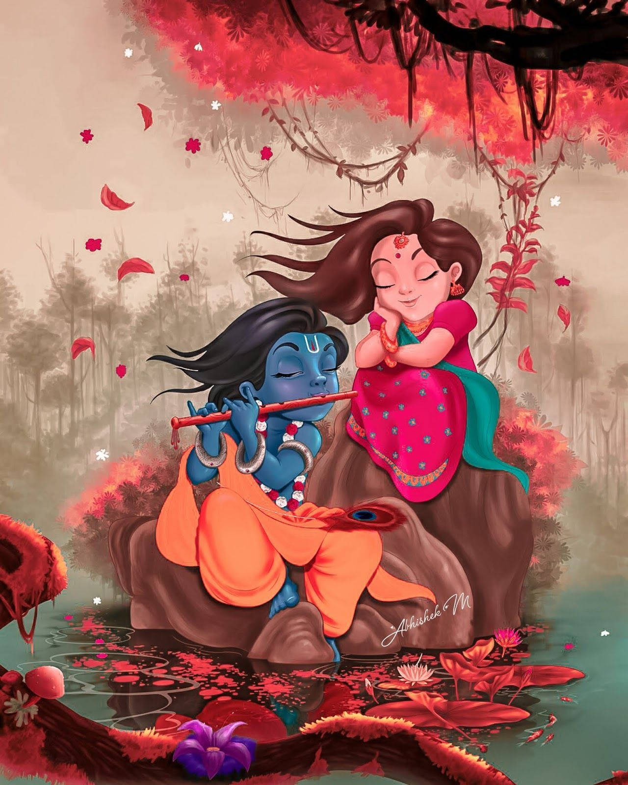 Cute Radha-krishna Dark Red Art