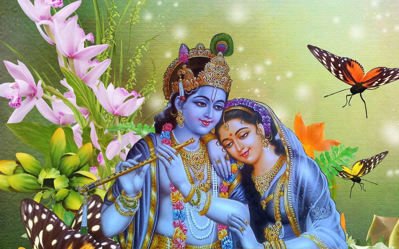 Cute Radha Krishna Flowers And Butterflies