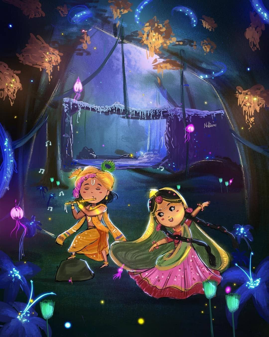 Cute Radha Krishna Forest Art Background