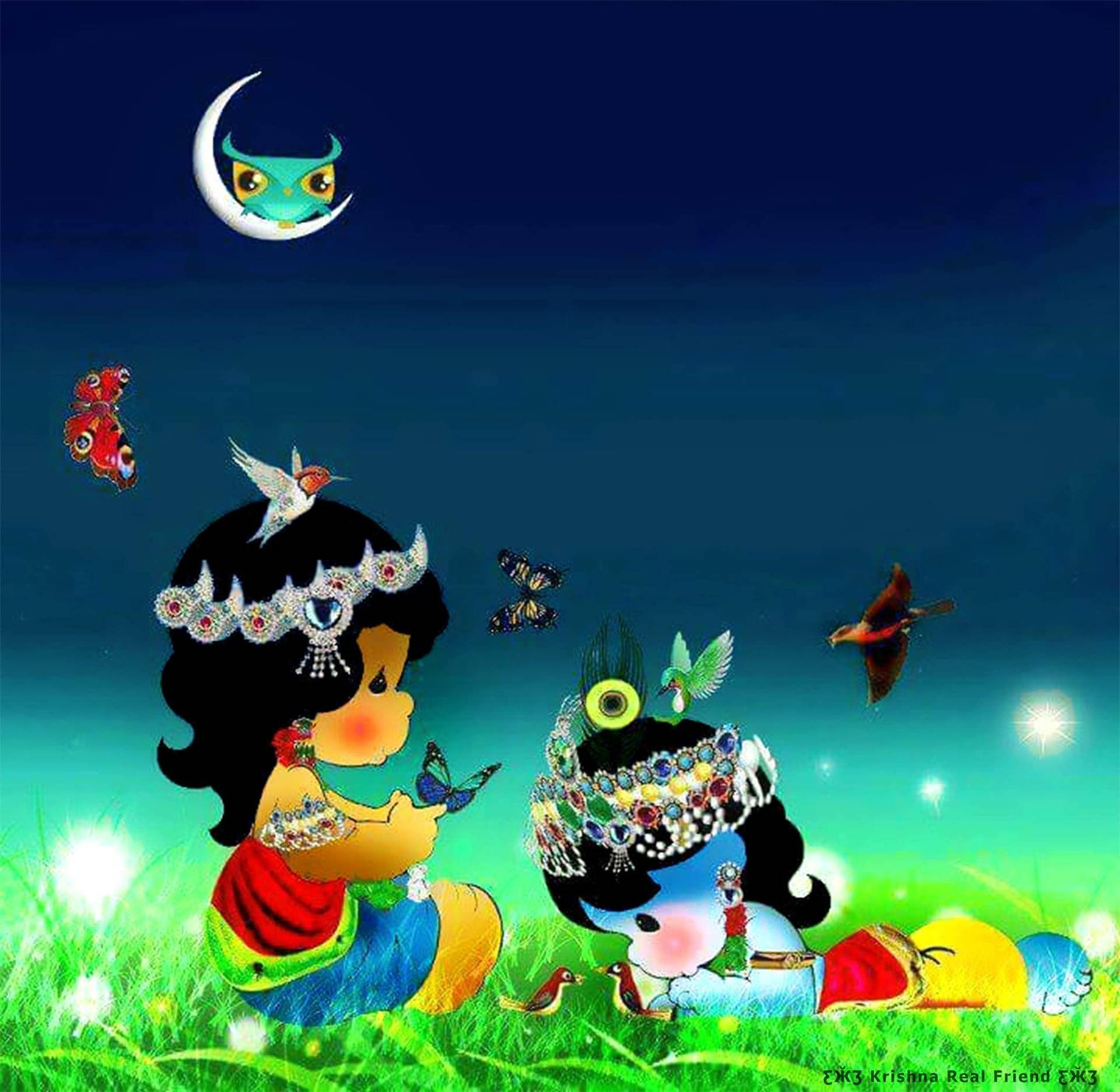 Cute Radha Krishna Frog Moon Background