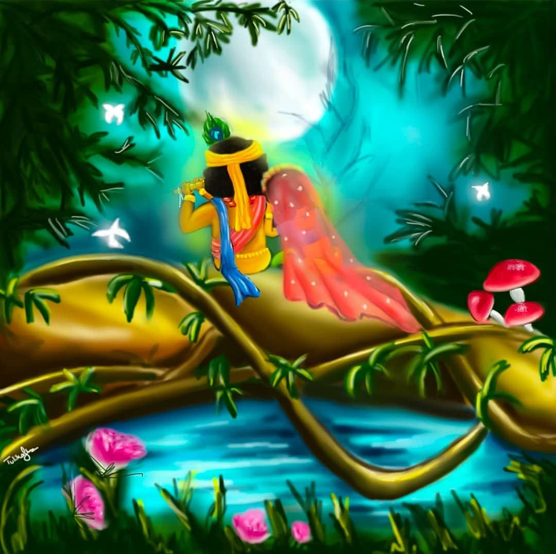 Cute Radha Krishna Full Moon Background