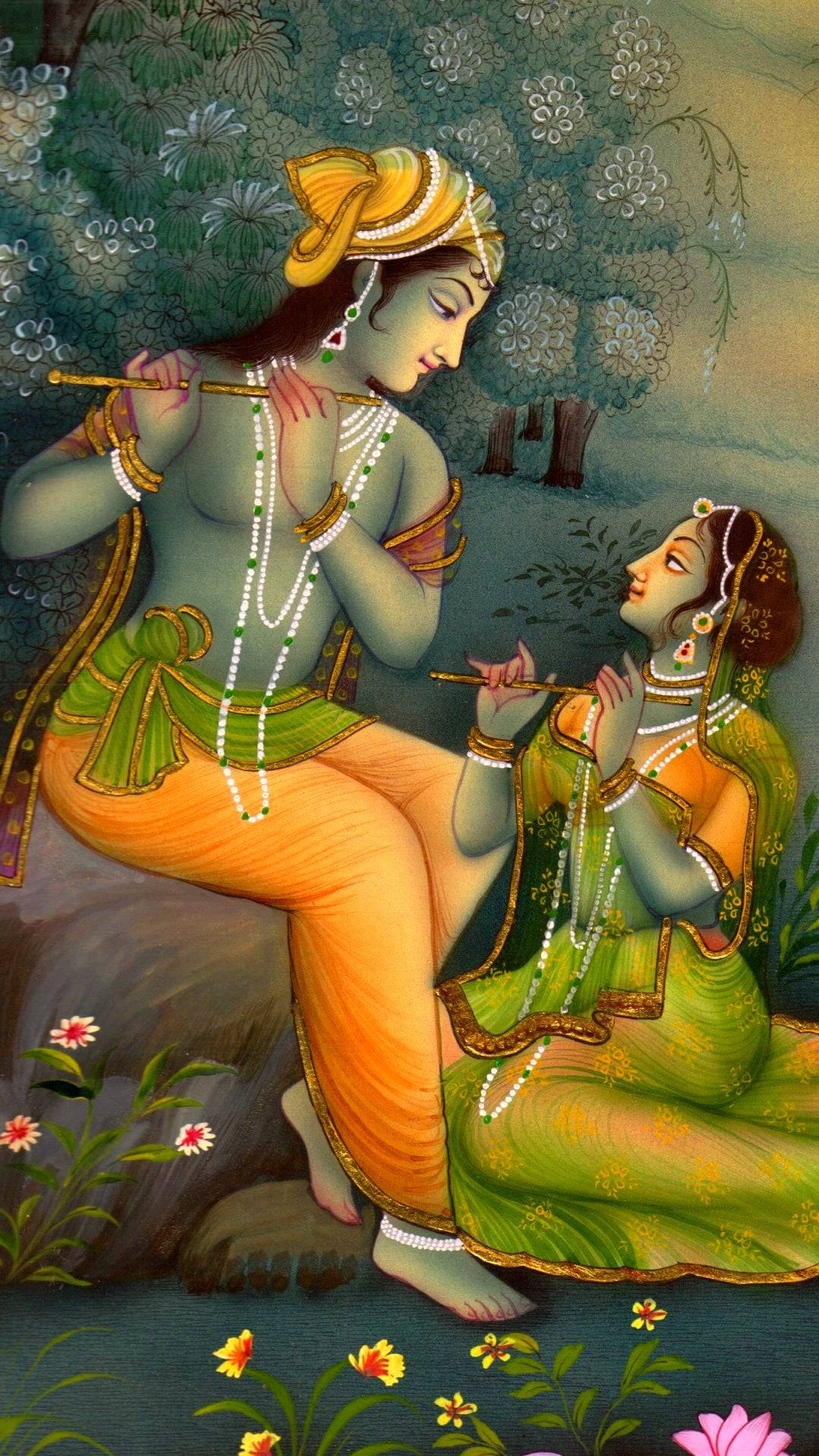 Cute Radha Krishna Green Art Background