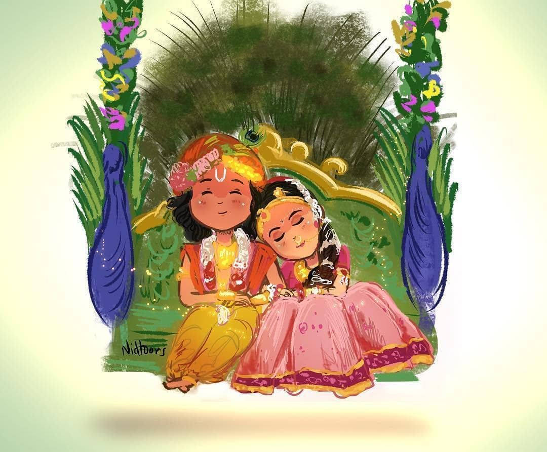 Cute Radha Krishna Green Couch Background