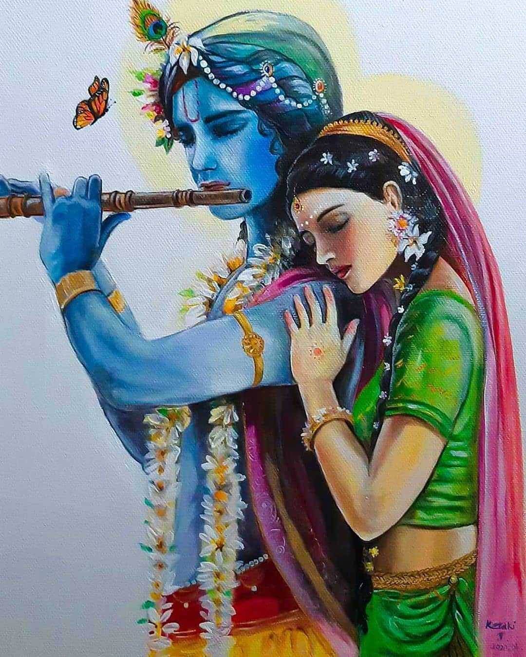 Cute Radha-krishna Playing Flute Background