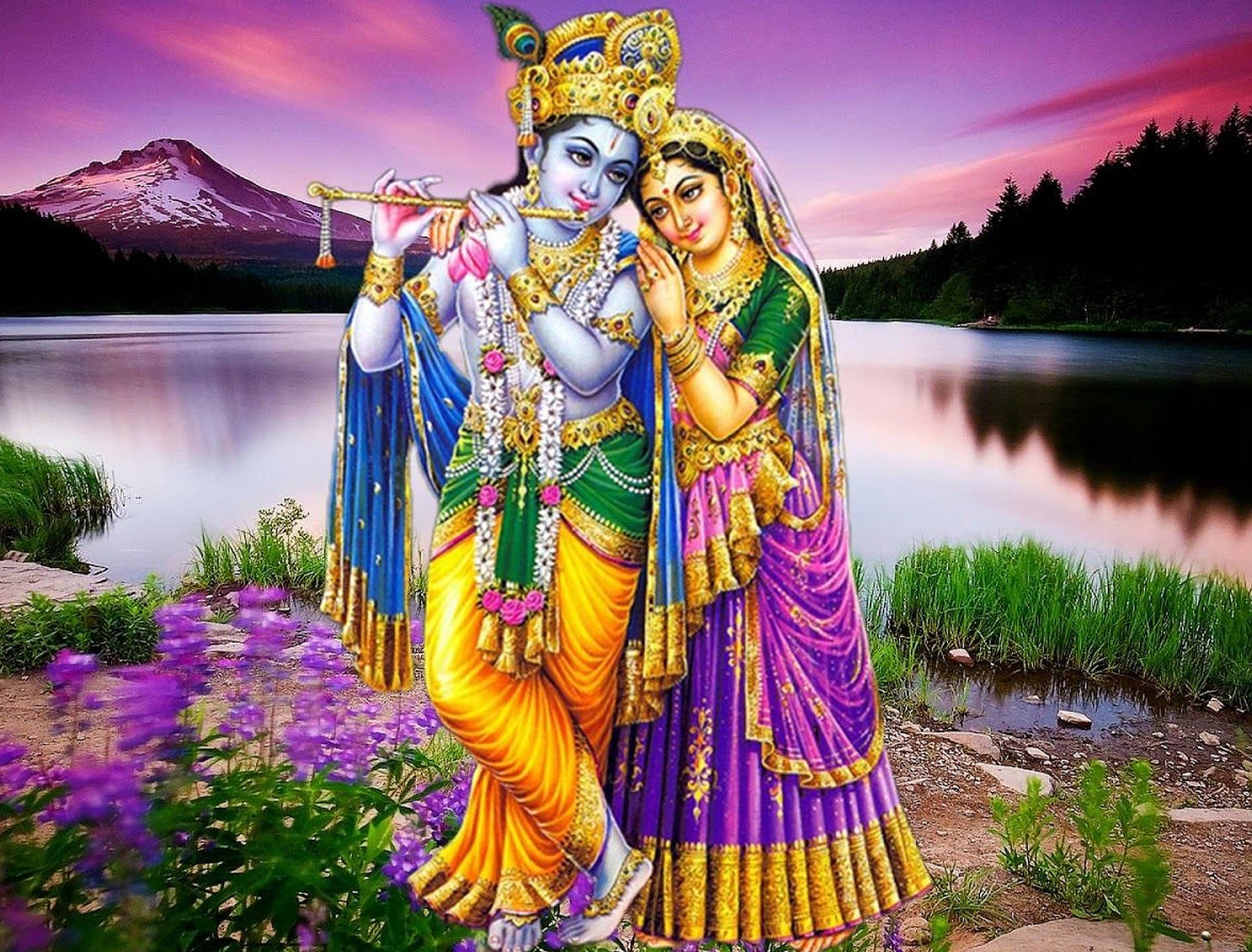 Cute Radha Krishna Purple Mountain Background