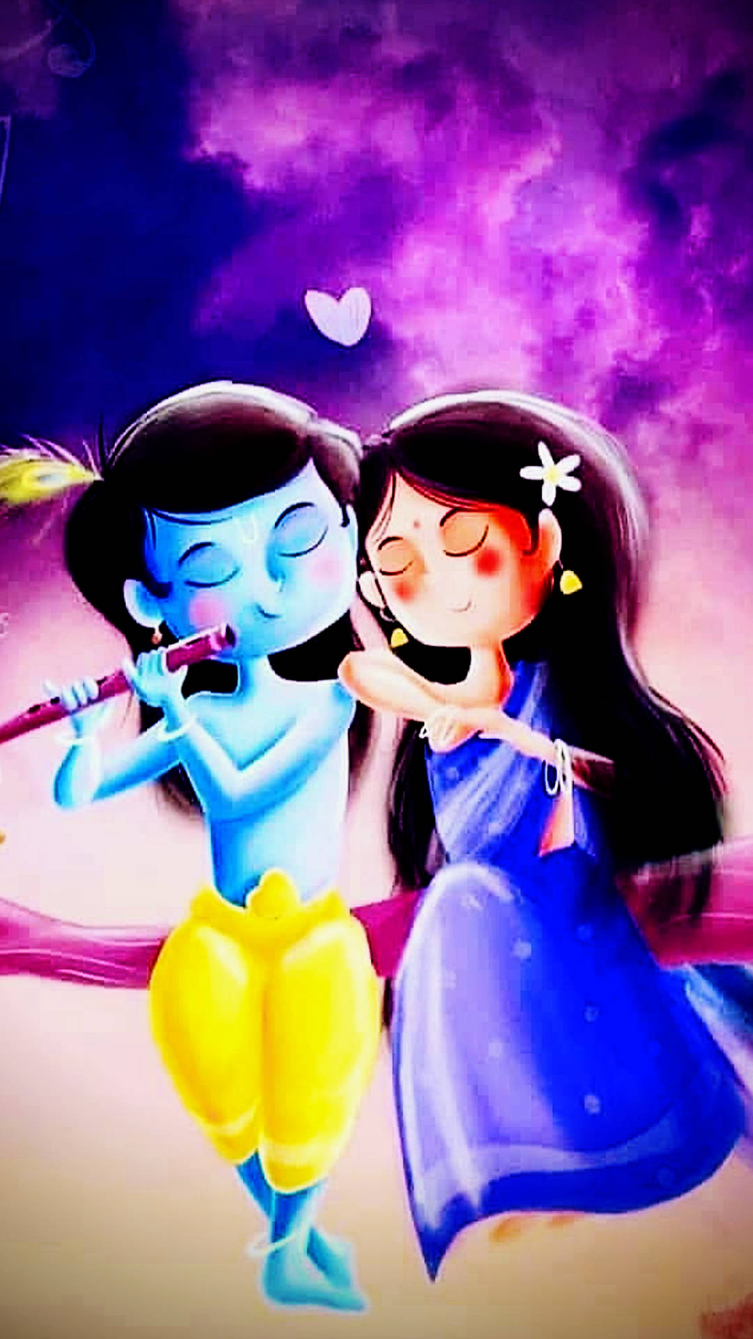 Cute Radha Krishna Purple Sky Background