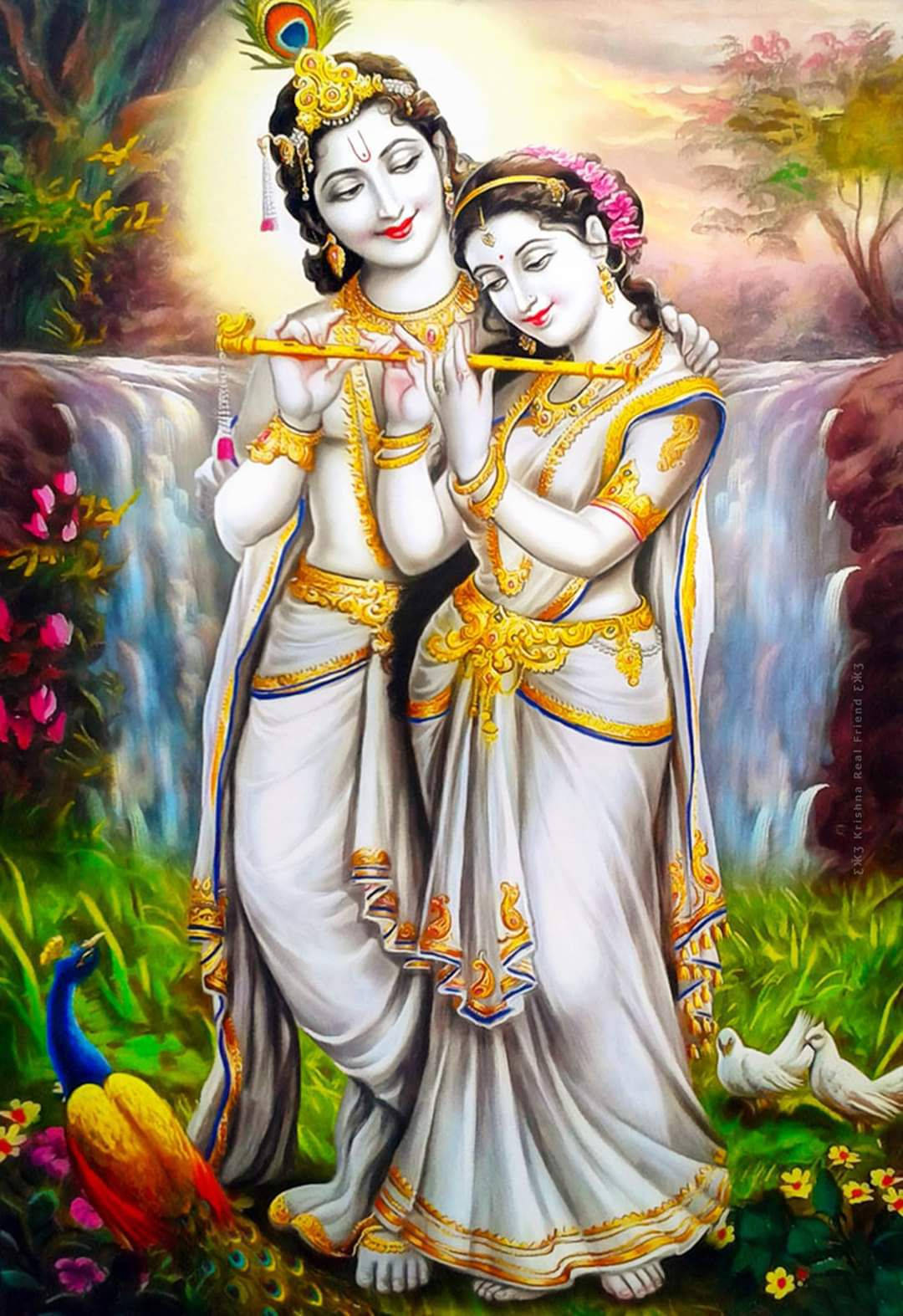 Cute Radha Krishna Waterfall Art Background