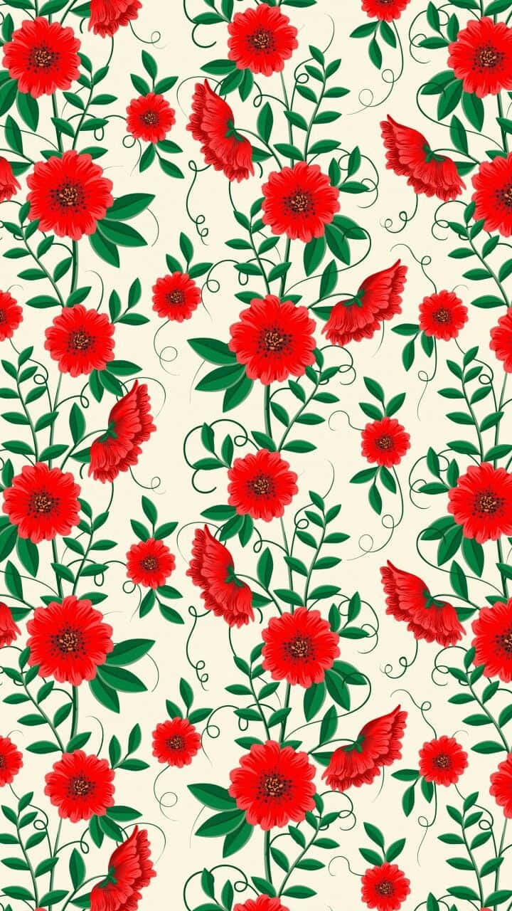 Cute Red Flowers And Green Leaves Pattern Background