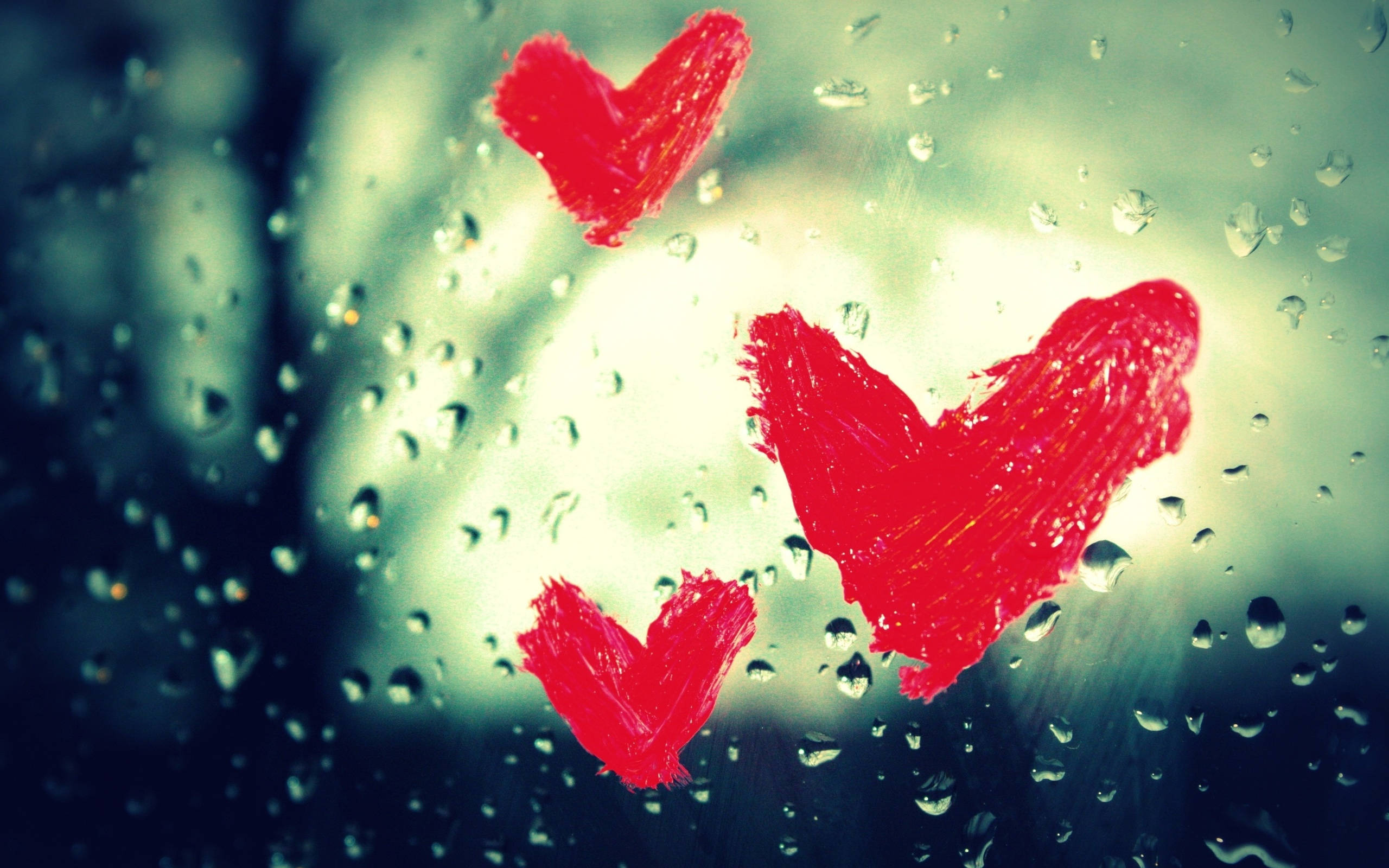 Cute Red Love Hearts On Wet Window Background