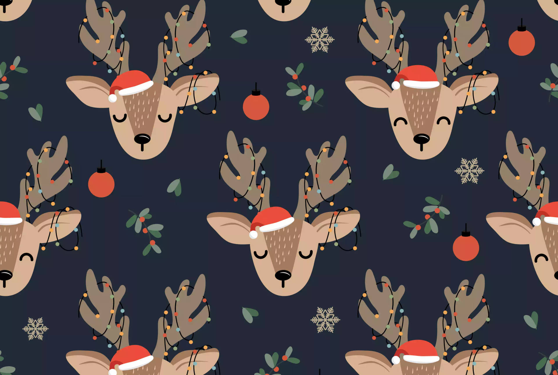 Cute Reindeer Heads With Christmas Lights Background