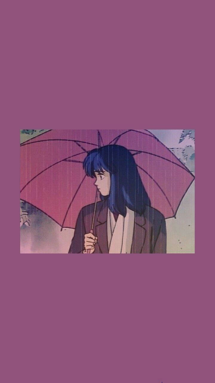 Cute Retro Anime Aesthetic Girl And Umbrella