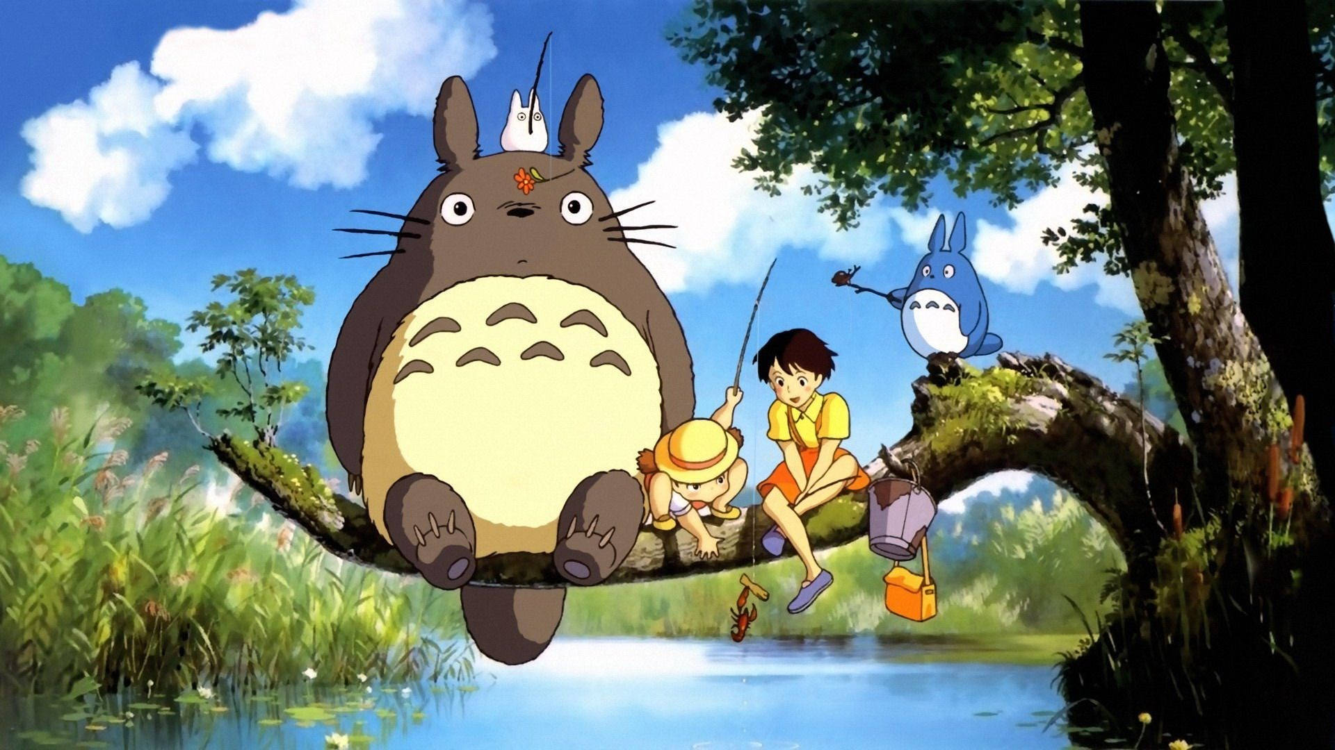 Cute Retro Anime Aesthetic Totoro Fishing Background