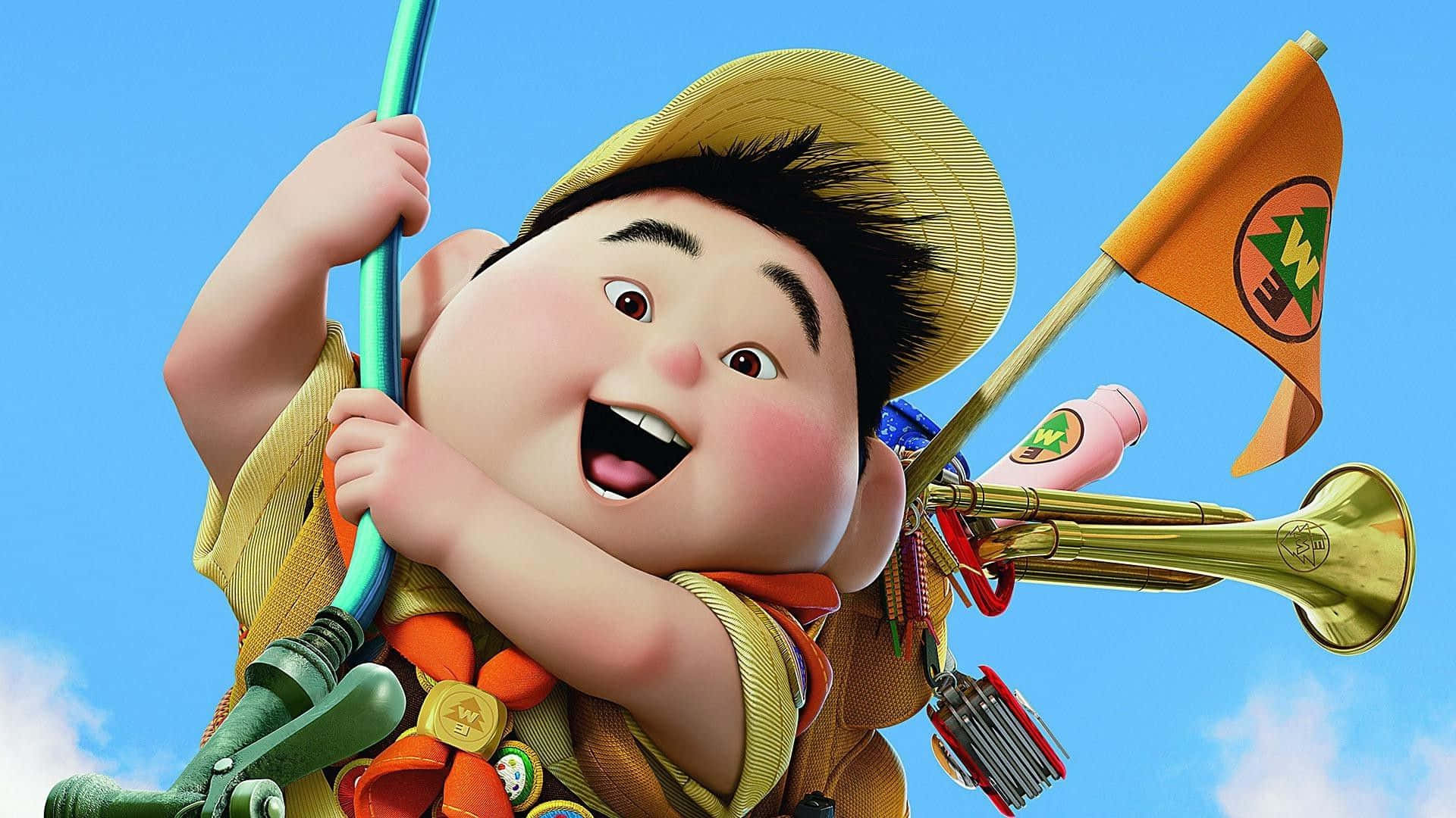 Cute Russel Holding Water Hose In Up Movie Background