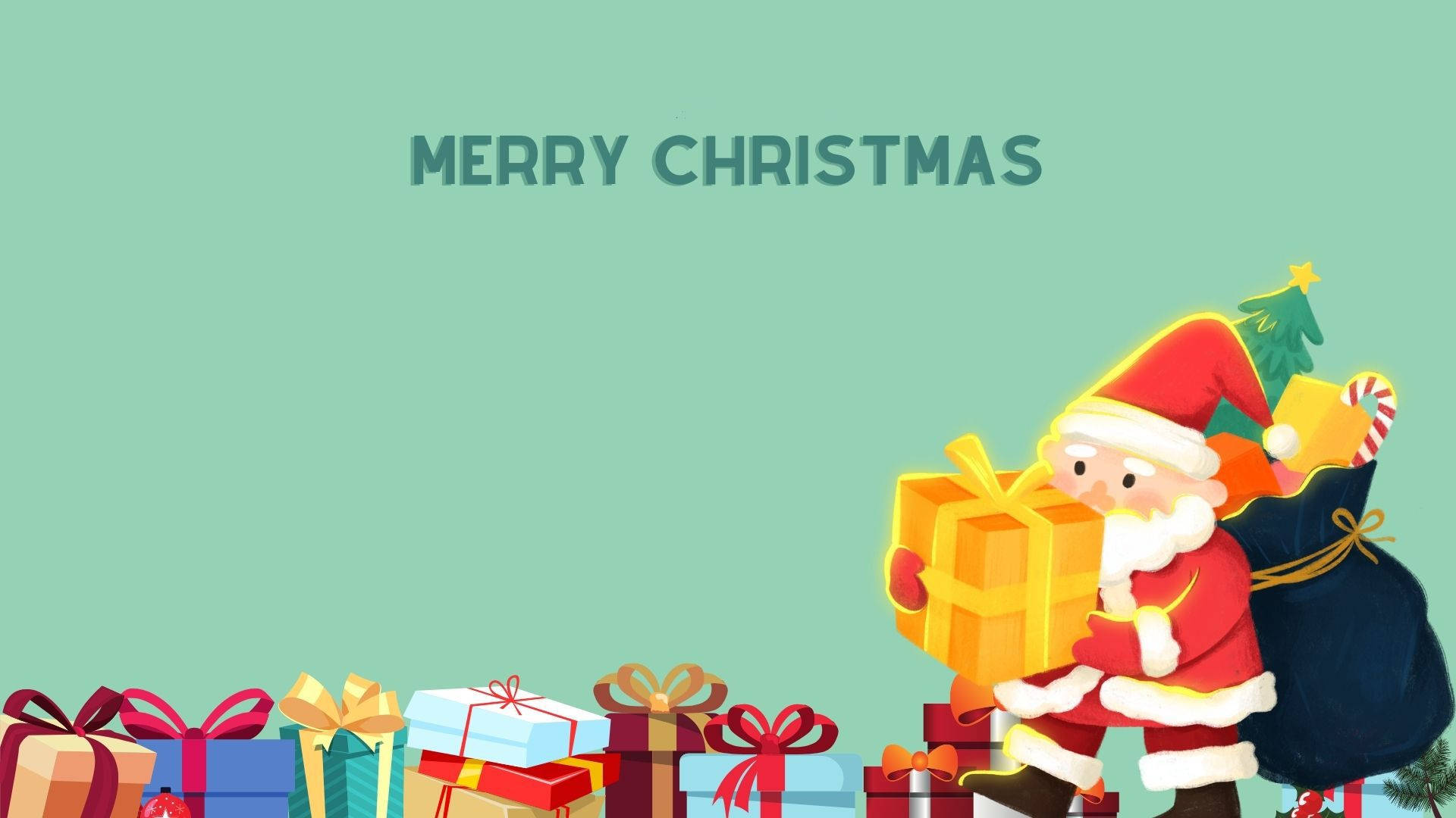 Cute Santa Claus With Christmas Gifts Background